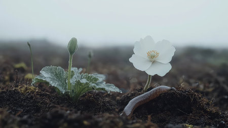 A serene scene showcasing a delicate white flower and an earthworm on moist soil, surrounded by new plant buds emerging in a foggy landscape.の素材