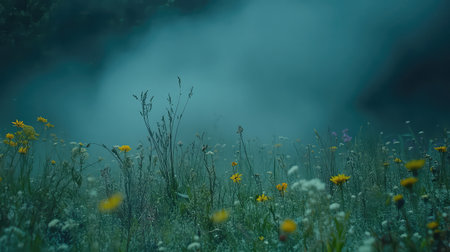 A tranquil morning landscape showcasing a mist-covered wildflower meadow. The soft light highlights the colorful blooms, creating a serene and refreshing atmosphere in nature.の素材