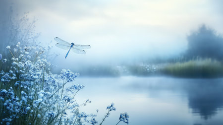 A stunning dragonfly hovers gracefully above delicate blue flowers near a tranquil lake shrouded in morning mist. This serene landscape captures the essence of peaceful nature.の素材