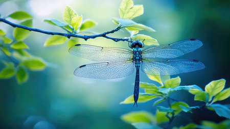 A stunning dragonfly rests gracefully on lush green leaves, showcasing its intricate wings against a serene blue backdrop, embodying the beauty of nature.の素材