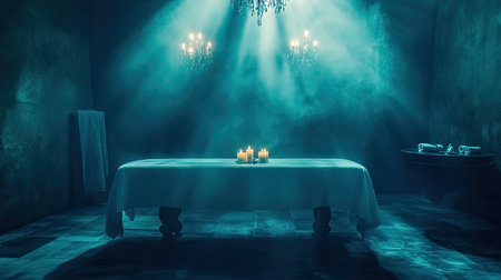 A captivating scene of a dimly lit room featuring an elegantly set table with candles, creating an ethereal atmosphere complemented by beams of light.の素材