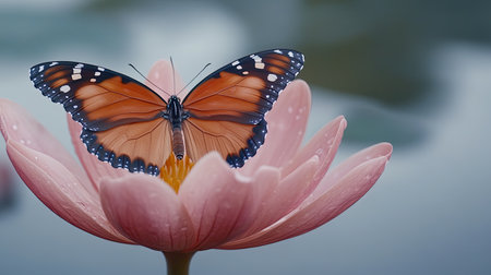 A stunning butterfly perches gracefully on a pink lotus flower, surrounded by soft dewdrops. This serene moment captures the beauty of nature in a tranquil setting.の素材