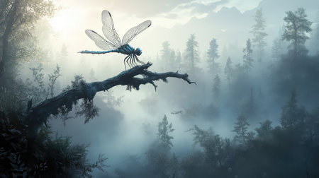 A stunning dragonfly rests gracefully on a weathered branch, gazing over a misty forest at dawn. This serene scene captures the tranquil beauty of nature, inviting viewers into a dreamlike landscape.の素材