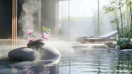Experience a serene spa atmosphere featuring smooth stones, blooming orchids, and gentle steam rising from calming water, perfect for relaxation and rejuvenation.の素材