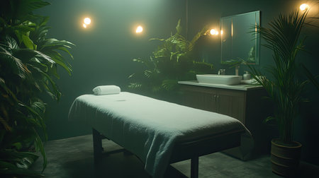 A tranquil spa room featuring a massage table, lush greenery, and soft lighting sets the perfect ambiance for relaxation and healing, promoting wellness.の素材