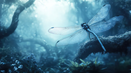 A breathtaking close-up of a dragonfly perched on a mossy branch in a serene forest, illuminated by soft blue tones, creating a dreamlike atmosphere.の素材