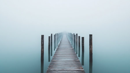 A tranquil wooden pier stretches into a dense fog, creating a mesmerizing view of a serene water landscape. Perfect for invoking calmness and reflection.の素材