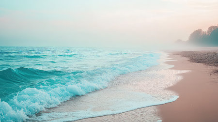 A serene beach scene showcasing gentle ocean waves lapping at the shore under a soft mist and pastel-colored sky. Ideal for relaxation themes.の素材