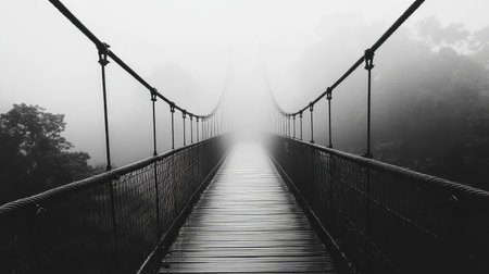 A captivating image of a suspension bridge enveloped in thick fog, creating an atmosphere of mystery and serenity. The wooden pathway invites adventurous souls to explore the unknown.の素材