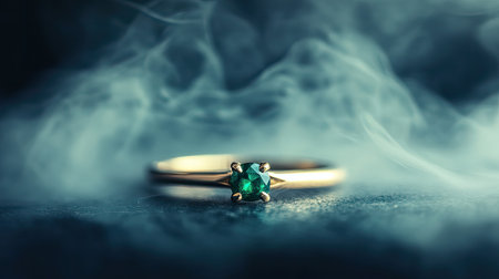 This stunning image features an elegant gold ring adorned with a sparkling green gem, surrounded by ethereal smoke against a dark background.の素材