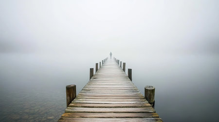 A serene and atmospheric scene featuring a wooden pier extending into a fog-covered lake, capturing the essence of solitude and tranquility at dawn.の素材