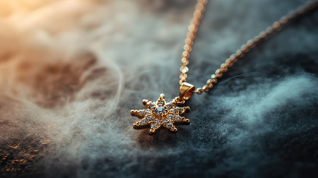 This stunning image features an elegant gold pendant necklace adorned with sparkling diamonds, set against a softly blurred background, exuding luxury.の素材