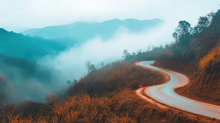 A picturesque winding road curves through misty mountains, enveloped in soft blue hues, creating a serene and tranquil landscape perfect for nature lovers.の素材