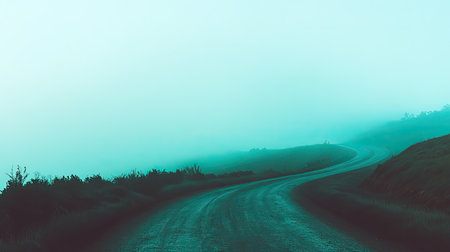 A winding road disappears into a thick fog, creating a captivating atmosphere in a serene landscape. This picturesque scene invites exploration and reflection.の素材