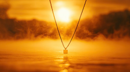 A captivating gold necklace pendant dangles elegantly in front of a stunning sunset, with soft fog enhancing the serene atmosphere and beauty of nature.の素材