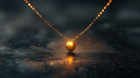 This stunning close-up image features an elegant golden pendant necklace with a shining sphere, elegantly resting on a dark reflective surface, highlighting its luxurious charm.の素材