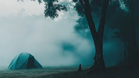 A serene camping scene surrounded by fog, featuring a green tent nestled amid towering trees, capturing the calm and peaceful essence of nature.の素材