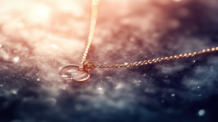This image captures a close-up view of a delicate gold necklace adorned with a circular pendant. The soft light enhances the jewelry's elegance, creating a dreamy, atmospheric backdrop. Perfect for showcasing beauty and luxury.の素材