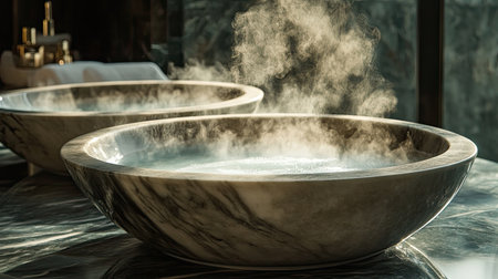Discover a serene spa atmosphere featuring exquisite marble bathtubs gently releasing steam, providing a perfect setting for relaxation and rejuvenation.の素材
