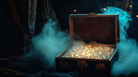 A beautifully crafted treasure chest overflowing with radiant gems and pearls, surrounded by swirling fog that creates a mysterious and captivating atmosphere.の素材