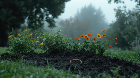 This serene garden scene captures colorful flowers blooming in rich soil on a misty morning, evoking tranquility and the beauty of nature's growth.の素材
