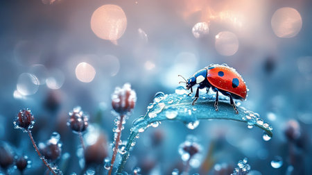 A stunning close-up image of a ladybug resting on a green leaf adorned with glistening water droplets, set against a soft bokeh background that enhances its vibrant colors.の素材