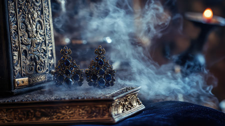 A captivating still life featuring elegant vintage earrings amidst mystical smoke, complemented by an antique book, creating a dreamy ambiance.の素材