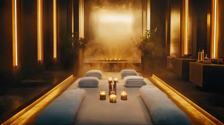 This soothing spa interior showcases a relaxing environment with soft lighting and aromatic candles, providing a perfect retreat for wellness and rejuvenation.の素材