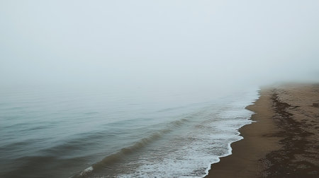 A tranquil scene capturing a sandy beach with gentle waves under a mysterious fog, evoking feelings of calm and serenity in nature.の素材