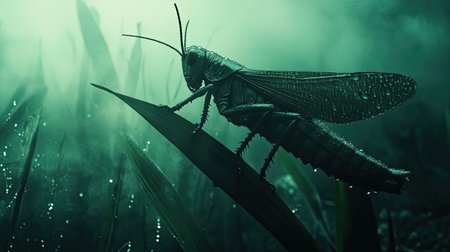 This stunning close-up captures a green grasshopper resting on a dewy blade of grass, shrouded in soft fog, creating a serene and ethereal atmosphere.の素材
