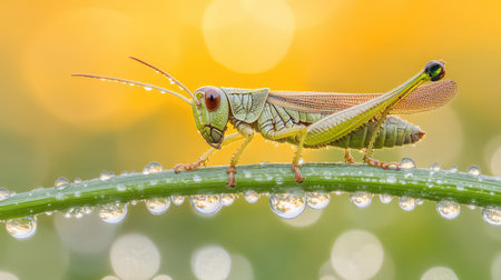 A stunning close-up of a green grasshopper perched on a dewy blade of grass, featuring a soft yellow bokeh background that enhances the natural beauty.の素材