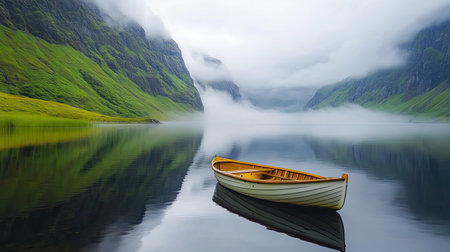 A captivating scene featuring a traditional wooden boat peacefully floating on a serene lake surrounded by majestic mountains and enveloped in mist.の素材