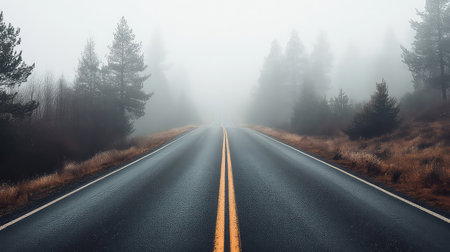 A tranquil road disappears into a thick fog, flanked by tall trees, creating an ethereal atmosphere perfect for capturing the beauty of nature.の素材