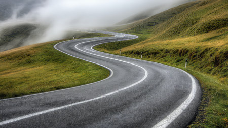 A picturesque winding road cuts through a misty mountain landscape, surrounded by lush greenery and rolling hills, creating a serene getaway for travelers.の素材