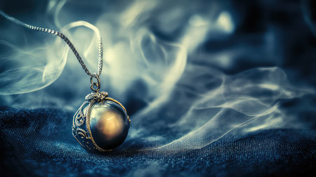 A stunning silver pendant necklace featuring a beautiful pearl, captured with soft lighting against a smoky backdrop, evoking elegance and artistry.の素材