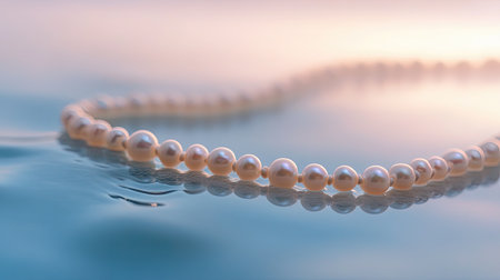 This stunning image features an elegant pearl necklace gracefully resting on a serene water surface, illuminated by soft pastel hues, evoking a sense of tranquility and luxury.の素材