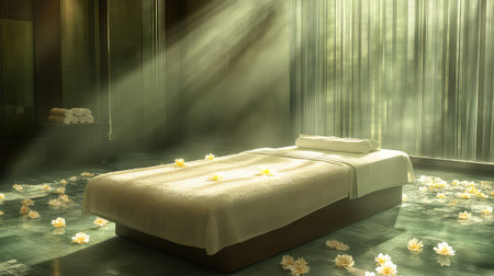 A tranquil spa room featuring a massage table adorned with fresh flowers, illuminated by soft sunlight, creating a perfect atmosphere for relaxation and rejuvenation.の素材
