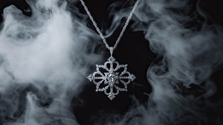 This stunning silver necklace features an intricate floral design, creating a luxurious and elegant statement piece against a moody, smoky backdrop.の素材