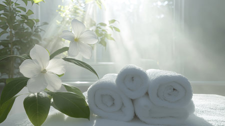 A tranquil spa scene featuring neatly rolled white towels surrounded by delicate flowers and soft sunlight streaming through, creating a calming atmosphere.の素材