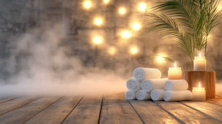 A serene spa setting featuring neatly rolled towels, softly glowing candles, and a touch of greenery, creating a calming atmosphere for relaxation.の素材