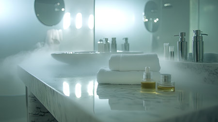 A serene spa bathroom featuring a marble counter adorned with soft towels and wellness products, enveloped in a gentle mist for a tranquil retreat.の素材