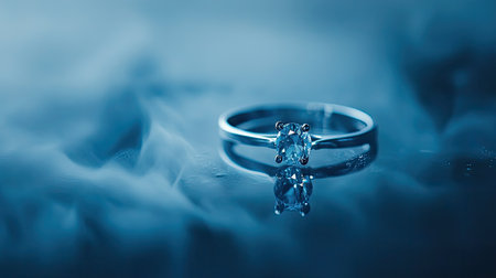 This stunning image showcases a beautiful blue gemstone ring resting on a soft misty background, highlighting its elegance and luxury. Perfect for various themes.の素材
