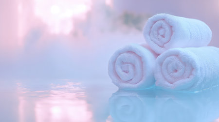 Three rolled white towels are beautifully arranged on a serene reflective surface, surrounded by a soft mist. Perfect for spa, relaxation, and wellness themes.の素材