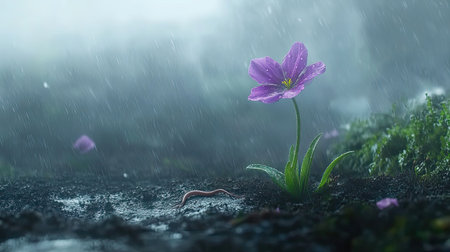 A striking purple flower emerges from damp soil, enduring the rain and mist around it, showcasing natureの素材