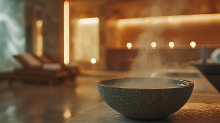 Experience tranquility in this serene spa environment, featuring steam rising from an aromatic bowl against a backdrop of warm lighting and elegance.の素材