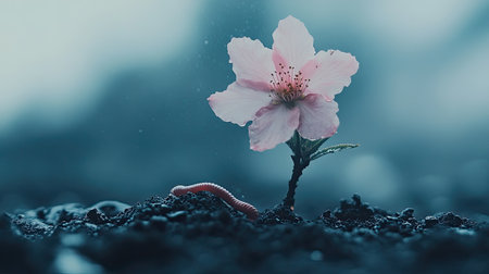 A stunning close-up of a delicate pink flower rising from dark soil, accompanied by an inchworm, showcasing nature's beauty and resilience.の素材