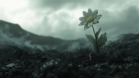 This striking image captures a solitary flower bravely blooming amidst volcanic ash, under a dark and dramatic sky, symbolizing resilience and hope in nature.の素材