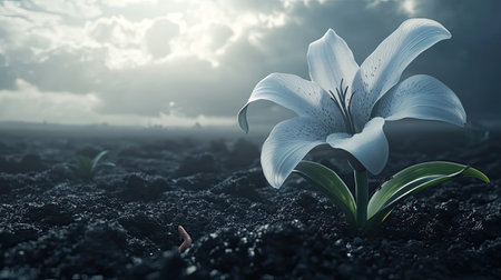 A stunning white lily emerges from the dark soil, beautifully contrasted against a dramatic sky filled with clouds. A captivating scene of nature's elegance.の素材