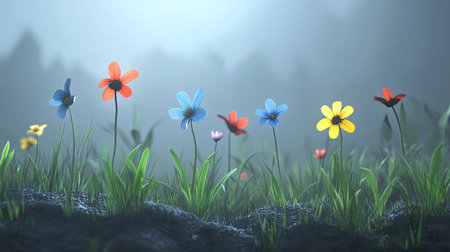A captivating scene of vibrant wildflowers emerging in a misty setting, showcasing colorful petals against lush greenery, evoking serenity and beauty in nature.の素材