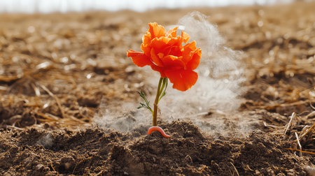 A striking orange flower emerges triumphantly from the dry soil, surrounded by faint smoke, symbolizing resilience and beauty in harsh conditions.の素材